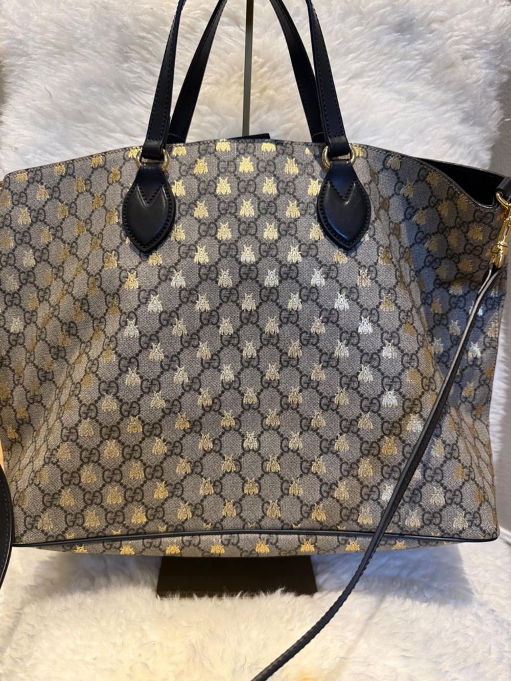 Gucci Beige Canvas GG Bee Tote with Black Leather Trim
